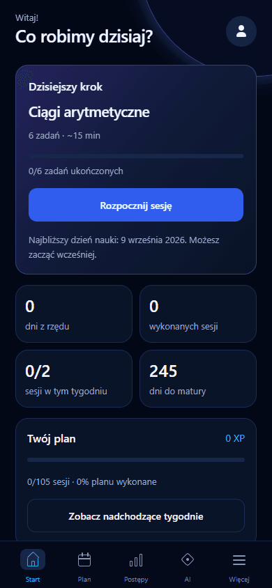 Archiwalny ekran Home Krok: dzisiejszy krok, ciągi arytmetyczne, sesja i dni do matury. Dane demonstracyjne.