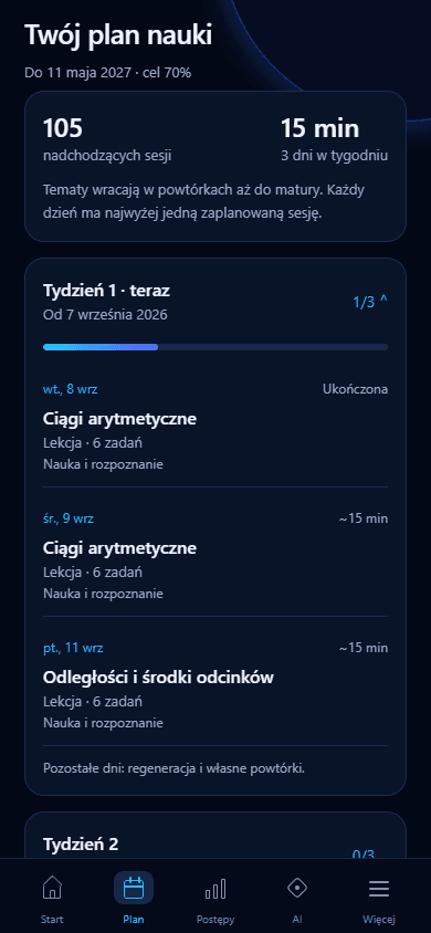 Archiwalny ekran Twój plan nauki w Krok: tygodnie, tematy i powtórki. Dane demonstracyjne.